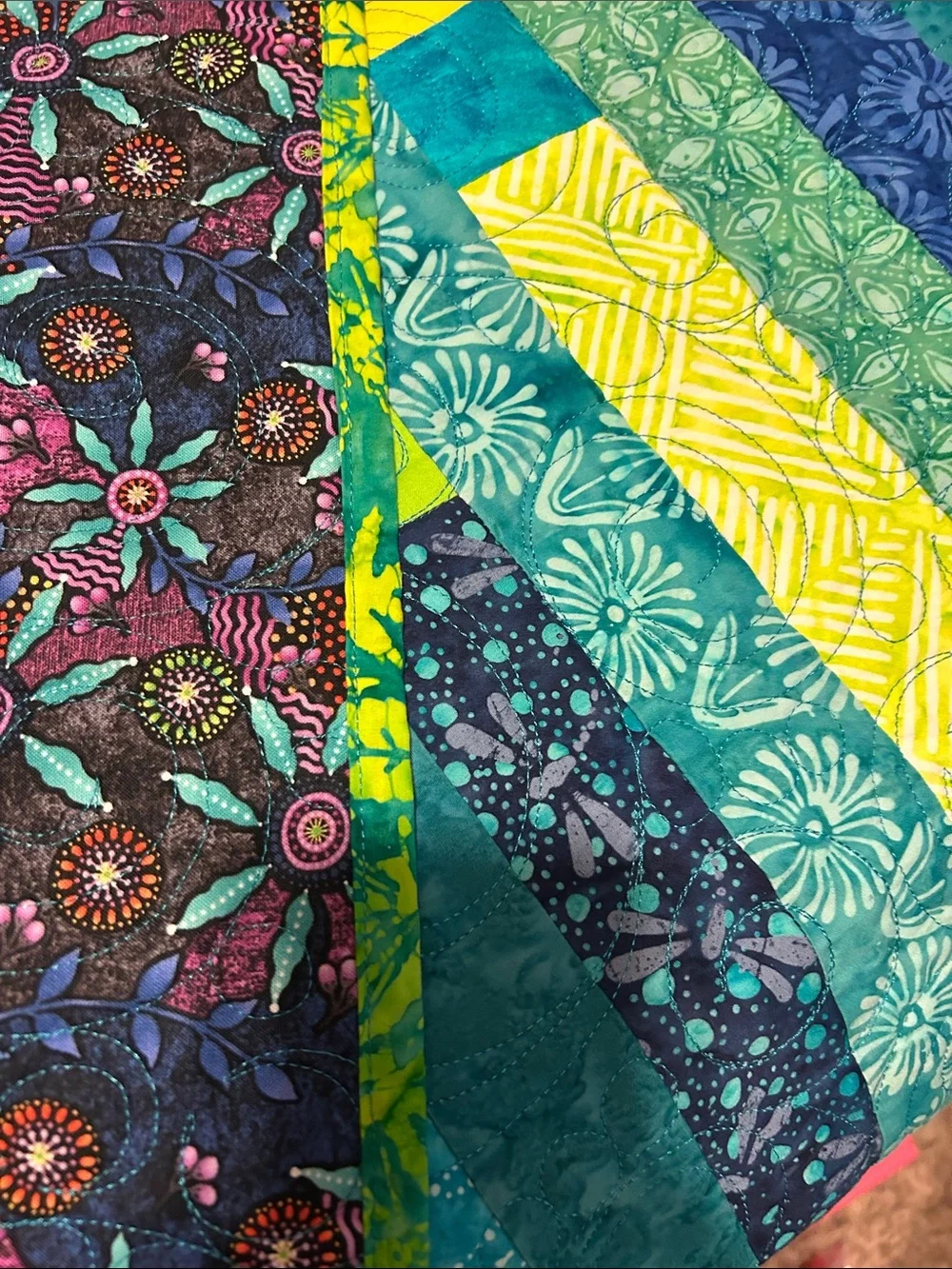 ONE OF A KIND- HANDCRAFTED Multicolor Strip Quilt - Vibrant Green, Blue & Pink